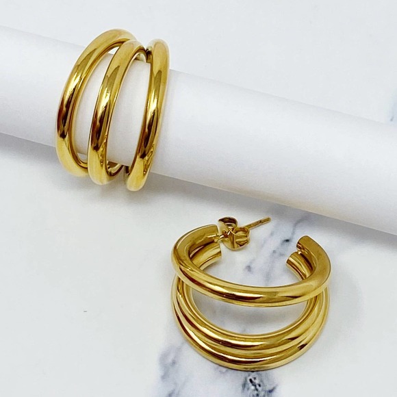 Triple the Layers Classic Earrings Gold Tone - Picture 1 of 8